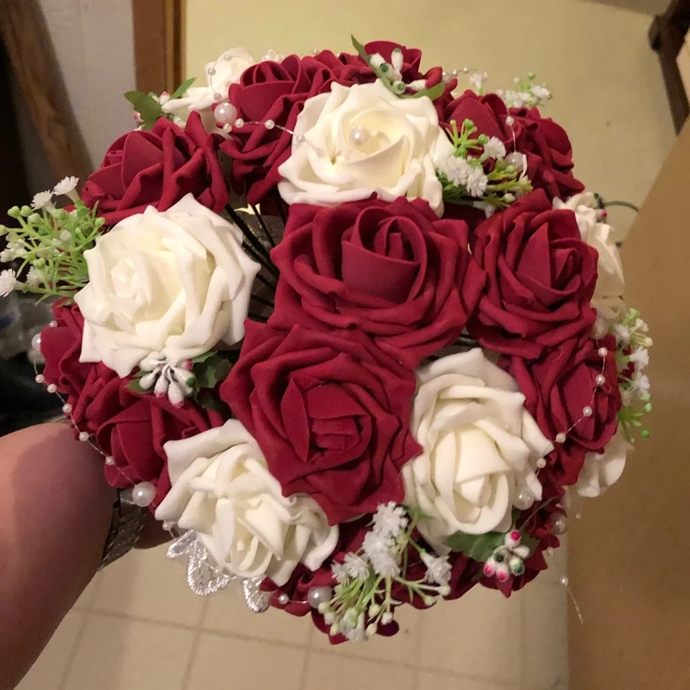 Red and White Artificial Wedding Bouquet - Picture 2 of 4